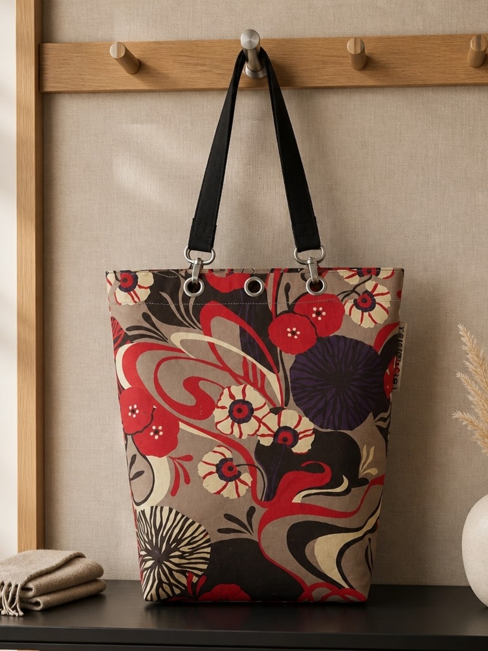 Floral Print Canvas Tote Bag in Red, Black & Cream